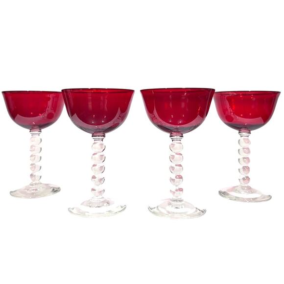 Stunning Art Deco Ruby Red Bubble Stem Champagne Tall Sherbet Glasses-Set of 4 - Picture 5 of 9